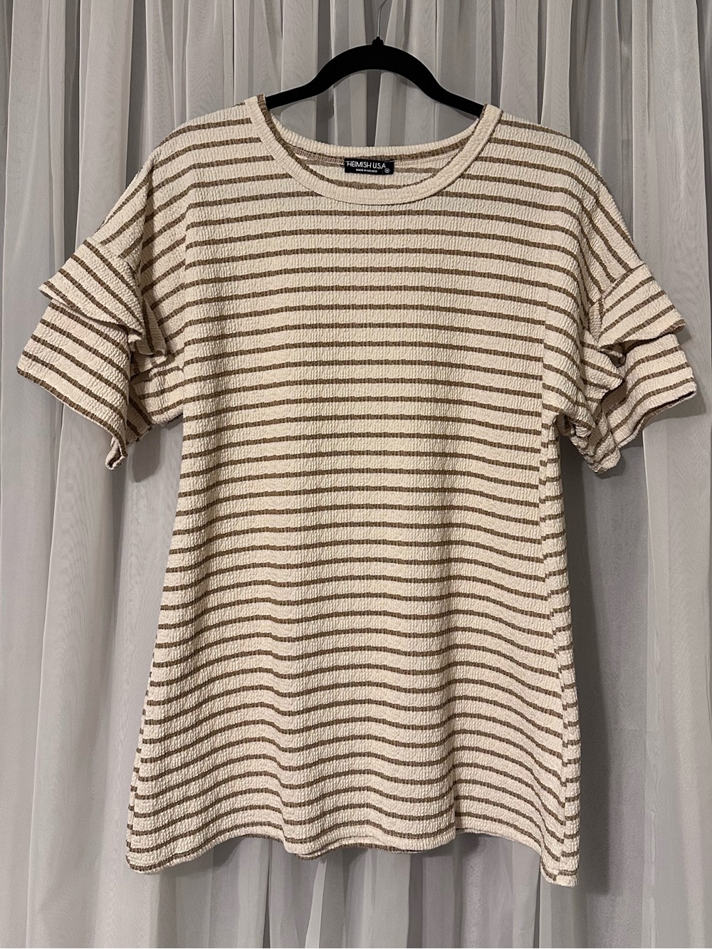 Heimish Cream and Brown Striped Textured Ruffle Sleeve Top Size M